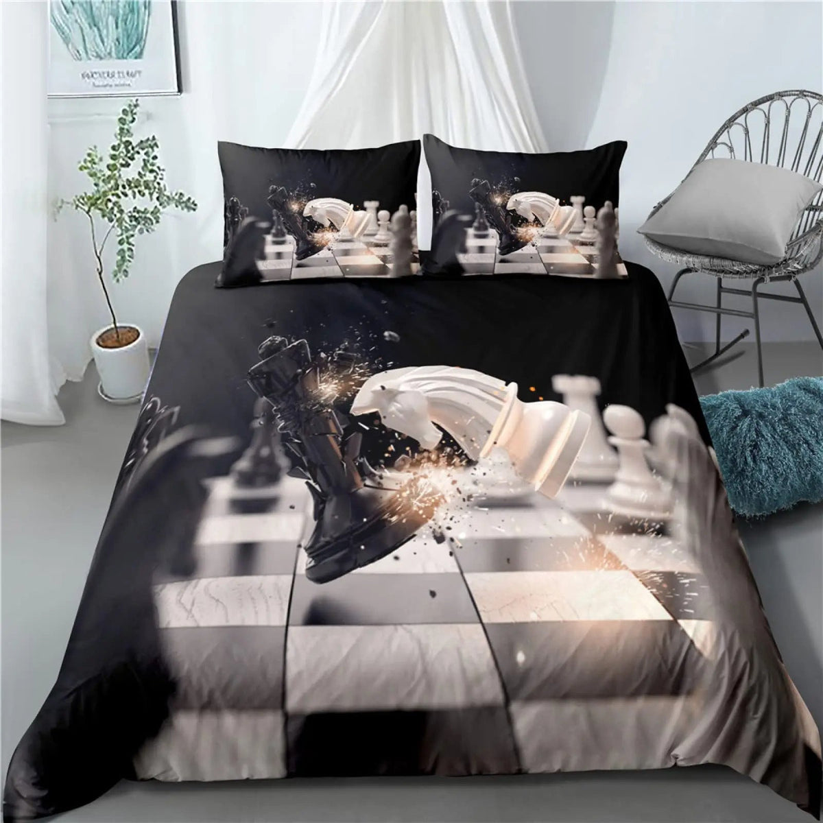 HKM-085587 Modern Striped Chess Pattern Quilt Cover Set - Multiple Sizes Available, Three-Piece and Two-Piece Options