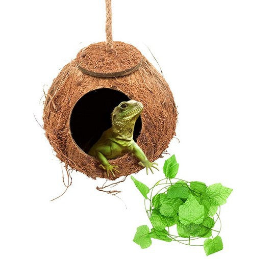 HKM-0857021 Coconut Shell Nest and Vine Set for Climbing Reptiles, 2.3m Vine with Natural Hairy Nest