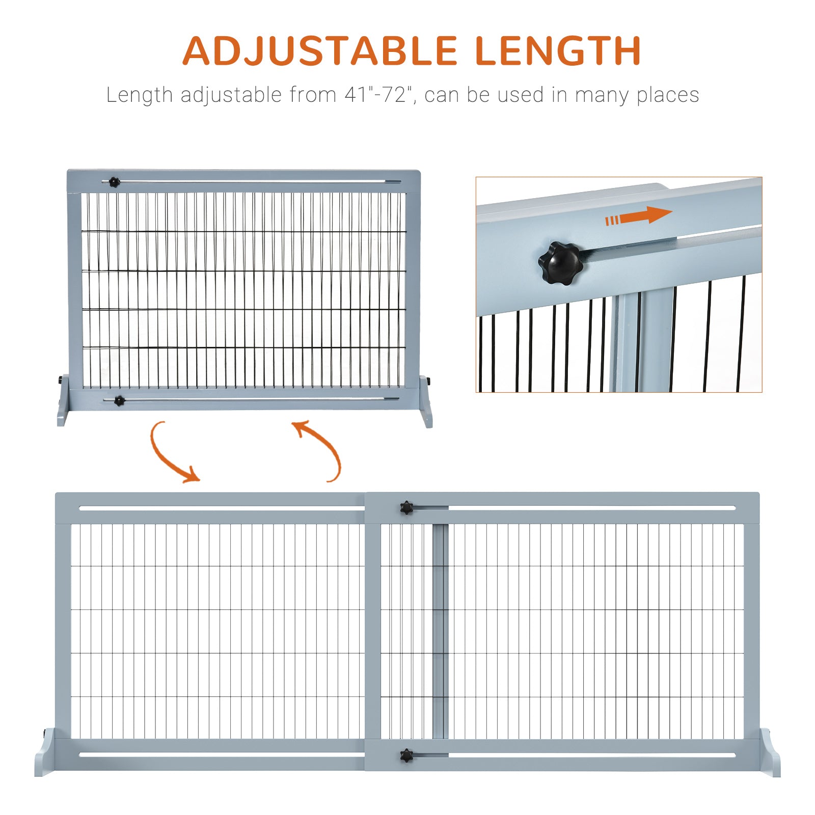 HKM-0858429 Extra Wide Freestanding Pet Gate for Dogs and Cats, Adjustable Length Blue-Gray Wooden Barrier for Doorways and Hallways