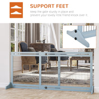 HKM-0858429 Extra Wide Freestanding Pet Gate for Dogs and Cats, Adjustable Length Blue-Gray Wooden Barrier for Doorways and Hallways