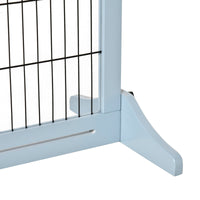 HKM-0858429 Extra Wide Freestanding Pet Gate for Dogs and Cats, Adjustable Length Blue-Gray Wooden Barrier for Doorways and Hallways