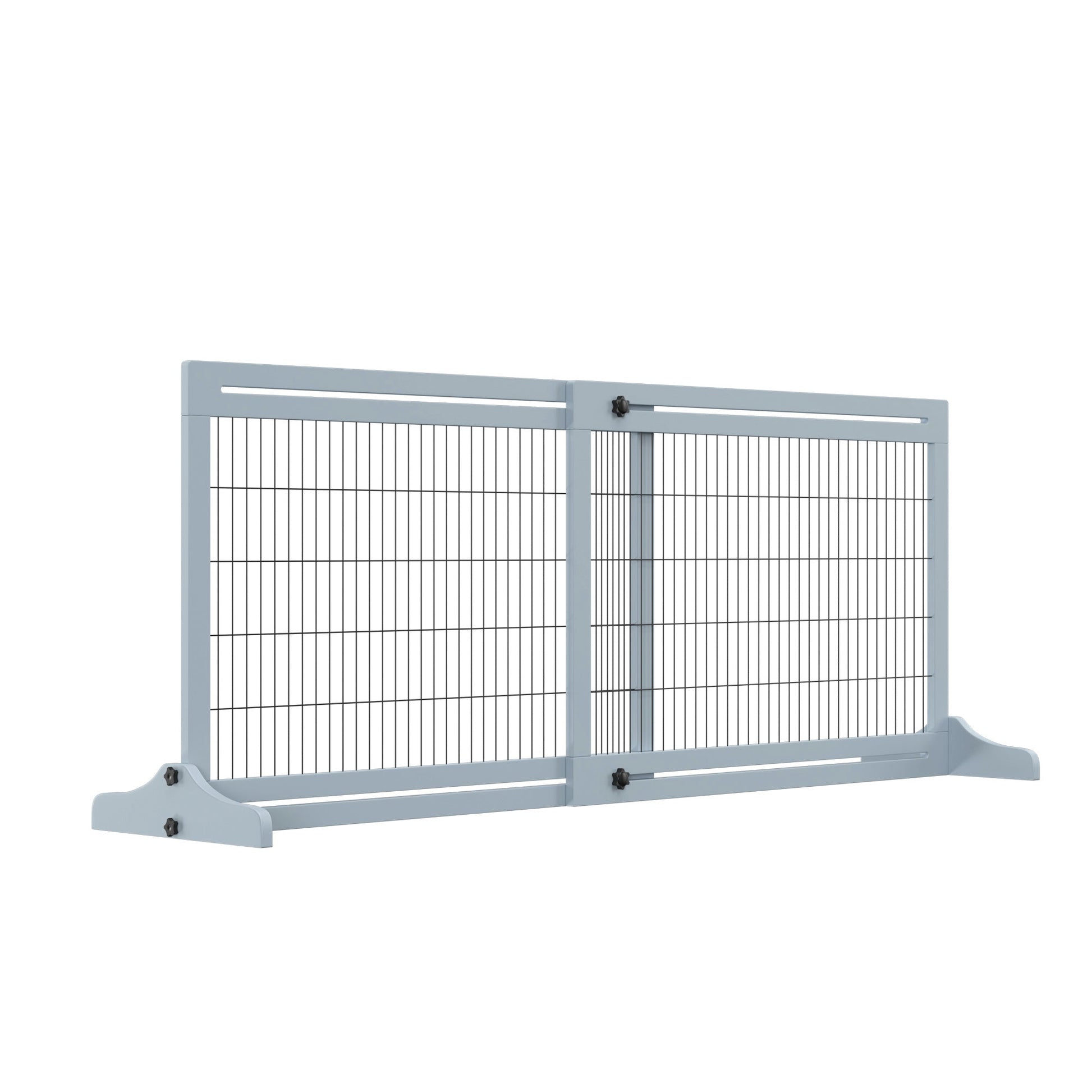 HKM-0858429 Extra Wide Freestanding Pet Gate for Dogs and Cats, Adjustable Length Blue-Gray Wooden Barrier for Doorways and Hallways