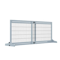 HKM-0858429 Extra Wide Freestanding Pet Gate for Dogs and Cats, Adjustable Length Blue-Gray Wooden Barrier for Doorways and Hallways