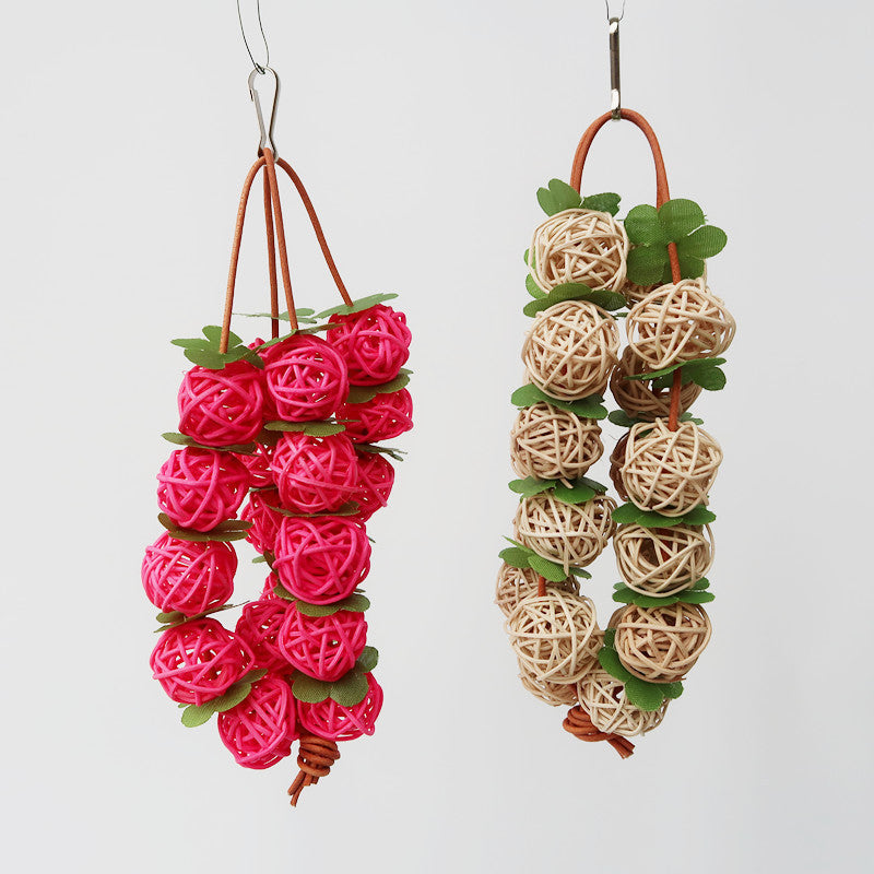 HKM-085843 Natural Rattan Parrot Bird Chew Toy – Pink, 25 cm, Bite Resistant, Easy to Hang