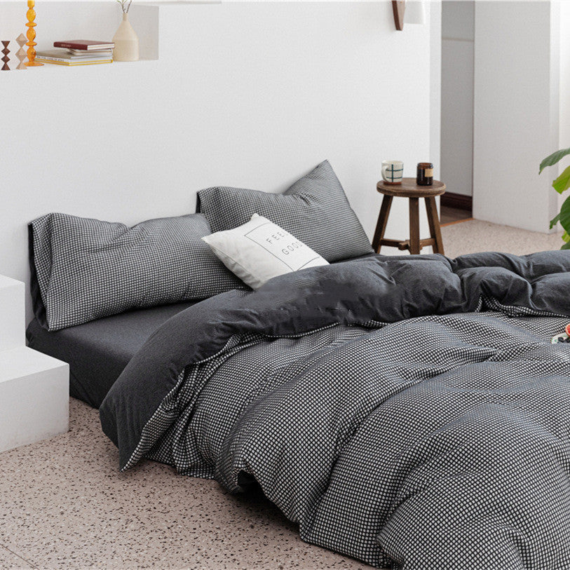 HKM-085907 Cotton Knitted Four-Piece Bedding Set with Geometric Patterns in Various Colors