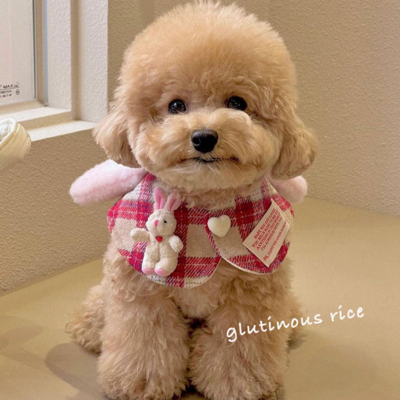 HKM-0863293 Red Plaid Rabbit Ear Pet Scarf for Dogs and Cats - Available in Multiple Sizes