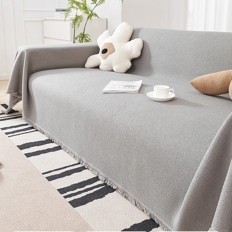 HKM-086547 Waterproof Teddy Plush Sofa Cover Set - Four Seasons Universal Non-Slip Towels in Creamy White, Gray, Warm Brown, Green