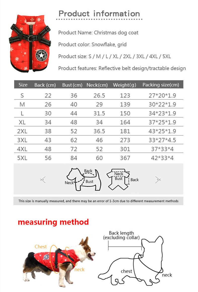 HKM-0866877 Waterproof Reflective Winter Pet Coat with Chest and Back Coverage - Available in Multiple Sizes and Styles
