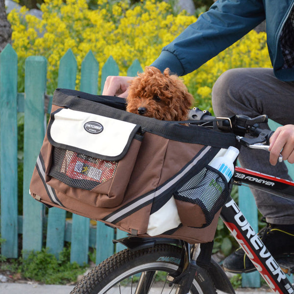 HKM-0870717 Pet Bicycle Carrier Bag for Small Dogs and Cats - Removable Front Basket with Safety Hook, Reflective Strips, and Mesh Pockets