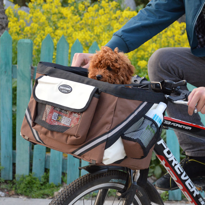 HKM-0870717 Pet Bicycle Carrier Bag for Small Dogs and Cats - Removable Front Basket with Safety Hook, Reflective Strips, and Mesh Pockets