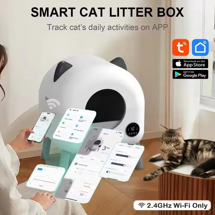 HKM-087187 Smart Self-Cleaning Cat Litter Box with WiFi Odor Control - 76L Capacity, Round Design