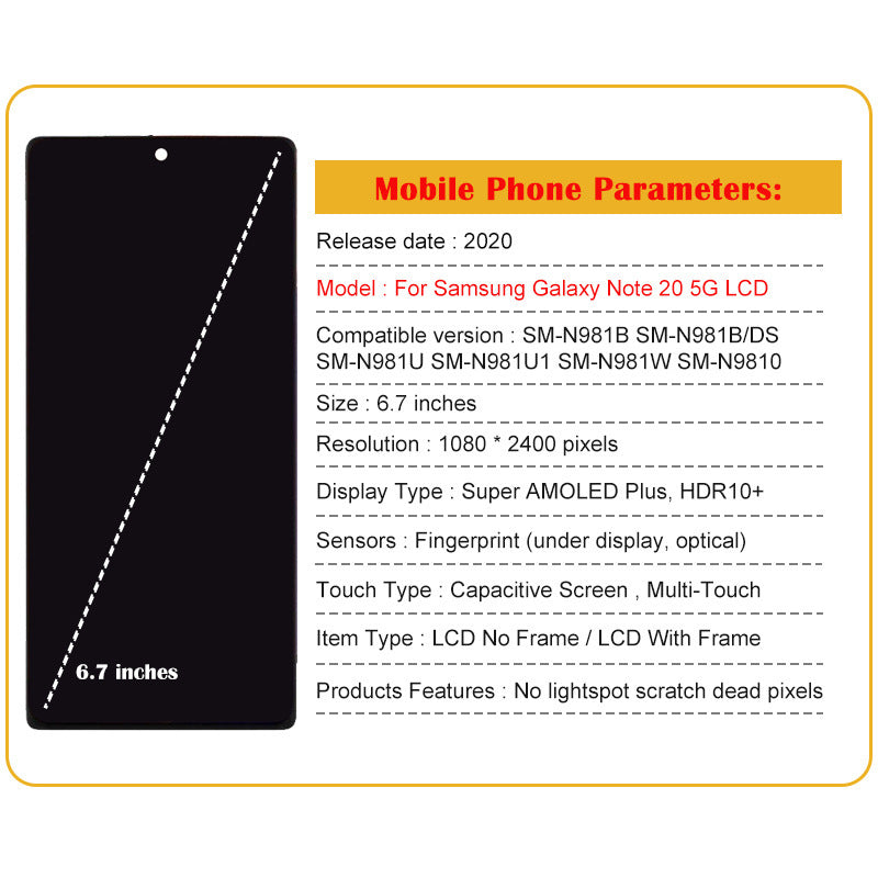 HKM-087443 Integrated LCD Display for Note20 5G - 1080x2400 Resolution, Capacitive Touch Screen