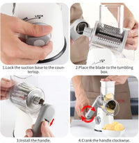 HKM-087635 Manual Stainless Steel Rotary Cheese Grater with 3 Blades and Cleaning Brush for Vegetables and Potatoes