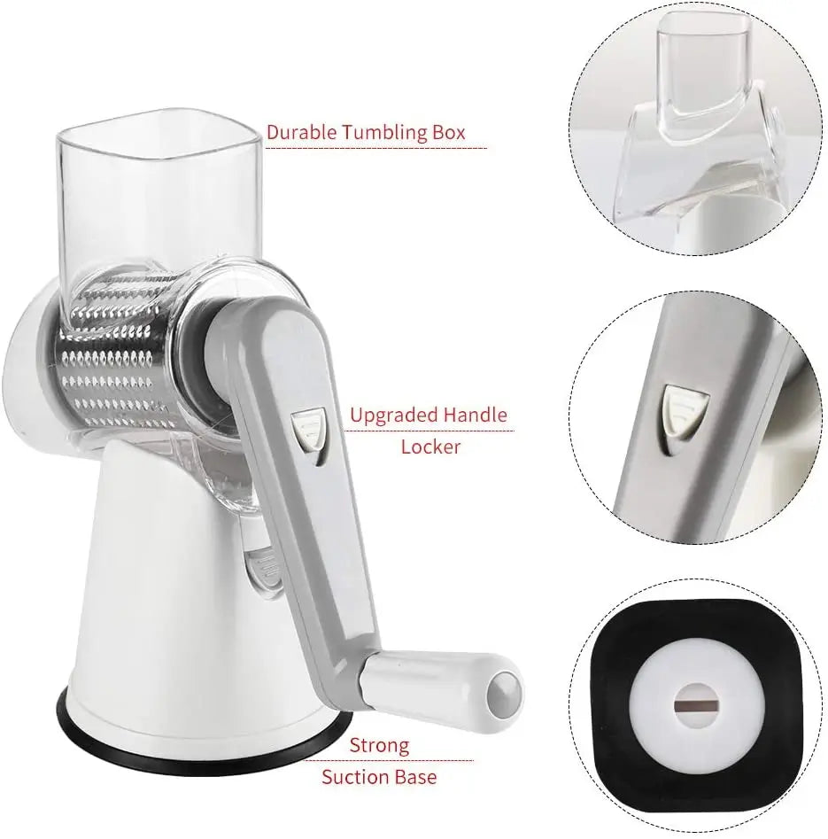HKM-087635 Manual Stainless Steel Rotary Cheese Grater with 3 Blades and Cleaning Brush for Vegetables and Potatoes