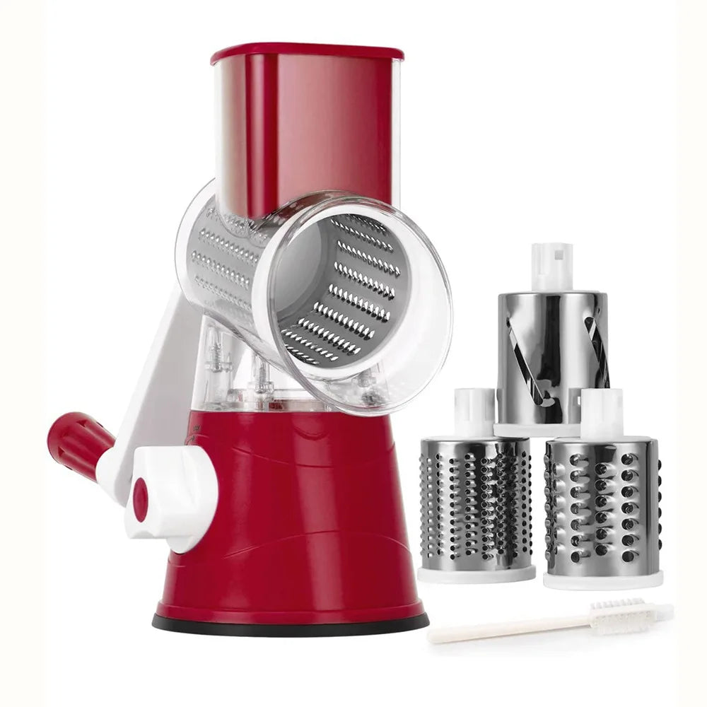 HKM-087635 Manual Stainless Steel Rotary Cheese Grater with 3 Blades and Cleaning Brush for Vegetables and Potatoes