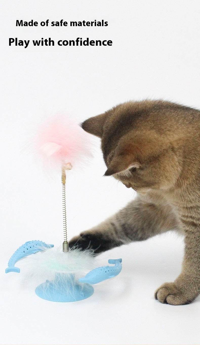 HKM-0878013 Rotating Feather Windmill Cat Toy with Suction Cup - Blue Plastic Cat Engager