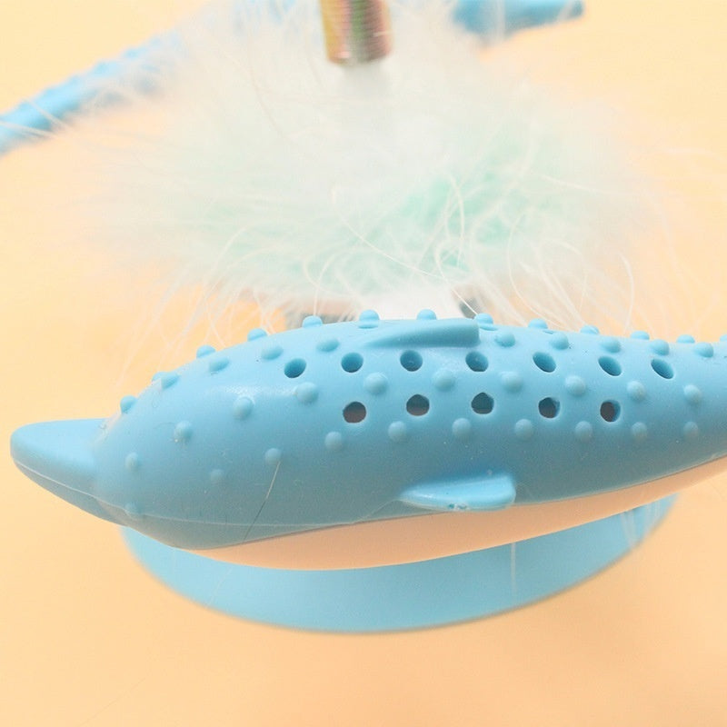 HKM-0878013 Rotating Feather Windmill Cat Toy with Suction Cup - Blue Plastic Cat Engager