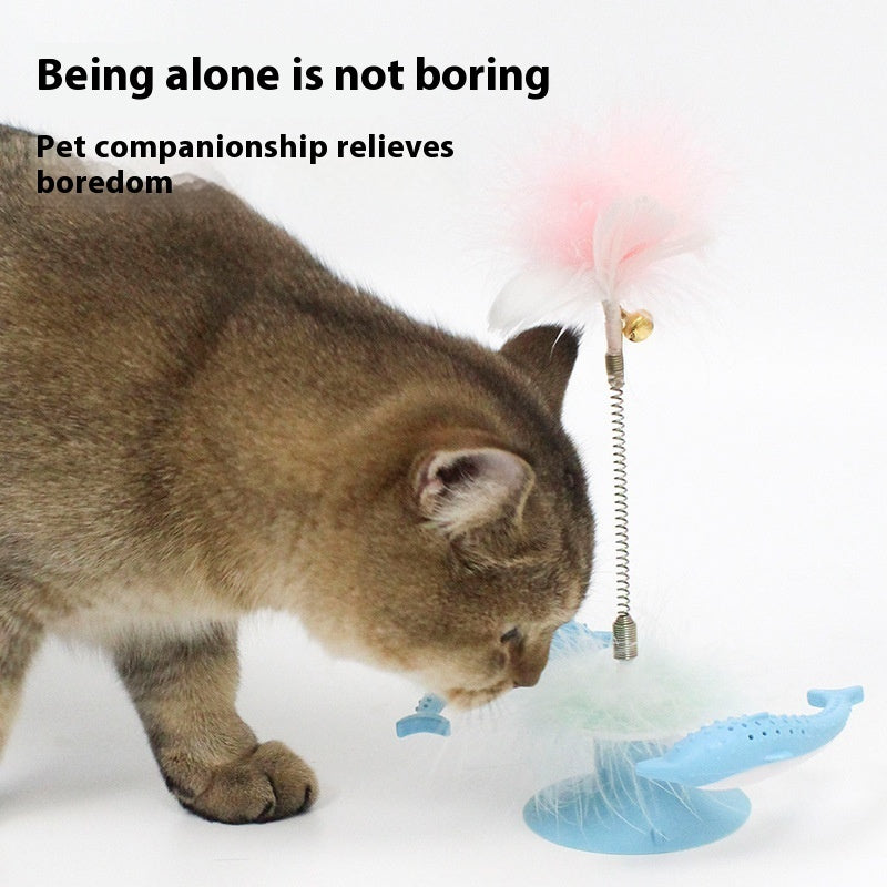 HKM-0878013 Rotating Feather Windmill Cat Toy with Suction Cup - Blue Plastic Cat Engager