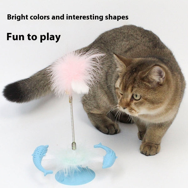 HKM-0878013 Rotating Feather Windmill Cat Toy with Suction Cup - Blue Plastic Cat Engager