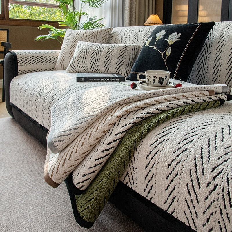 HKM-087955 Non-slip Plush Leather Sofa Cover with Stripe and Geometric Patterns in Black and White or Gray