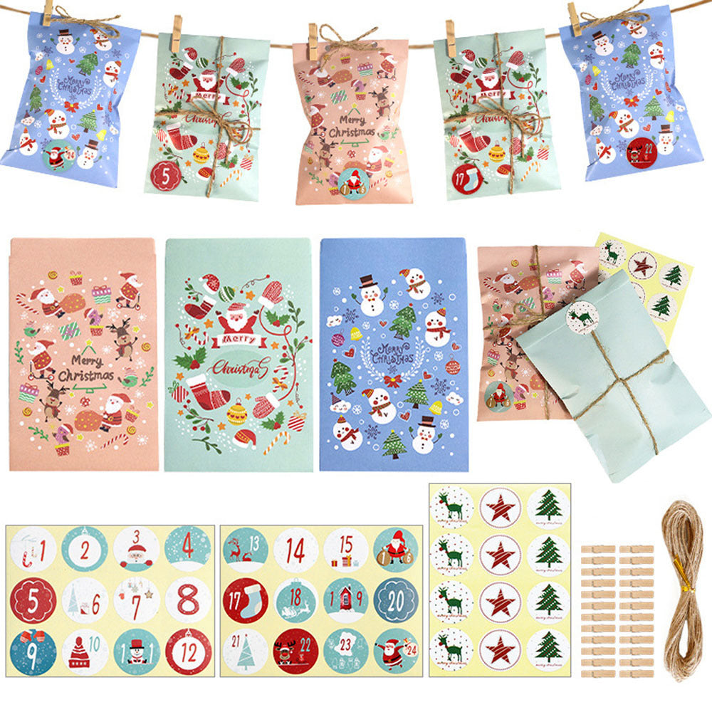 HKM-088019 48-Pack Christmas Advent Calendar Gift Bags with Stickers, Clips, and Rope - Festive Santa Claus and Snowman Designs