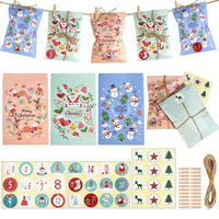 HKM-088019 48-Pack Christmas Advent Calendar Gift Bags with Stickers, Clips, and Rope - Festive Santa Claus and Snowman Designs