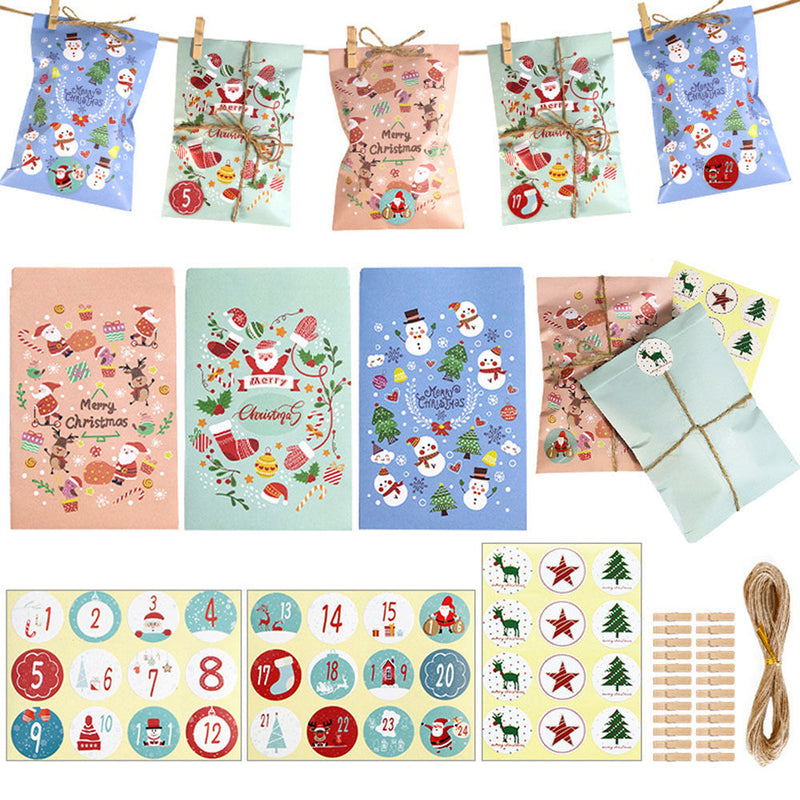HKM-088019 48-Pack Christmas Advent Calendar Gift Bags with Stickers, Clips, and Rope - Festive Santa Claus and Snowman Designs