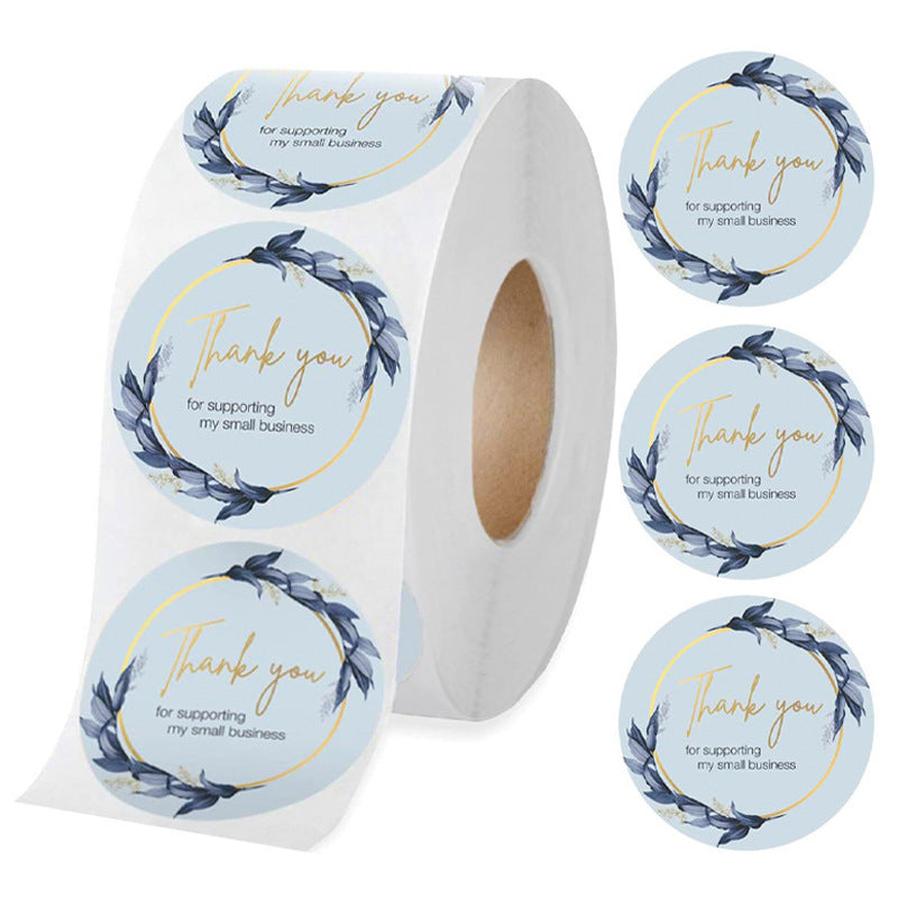 HKM-088211 Thank You Stickers - 500 pcs Blue Flower Bunch Decorative Round Labels for Gift Wrapping and Shipping