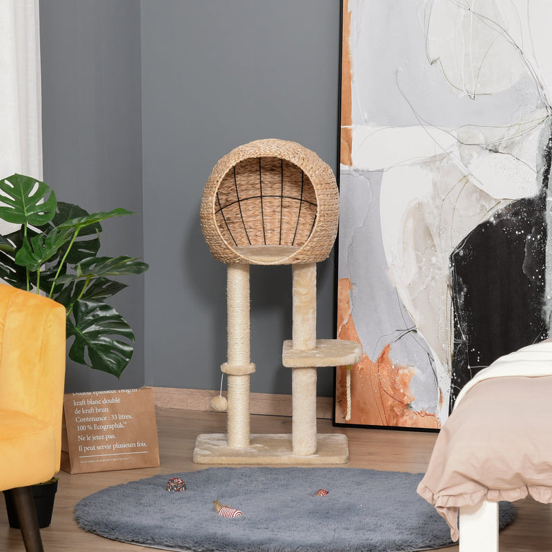HKM-0883261 Beige Cat Tree with Sisal Scratching Post, Condo, and Multi-Level Design for Play and Relaxation