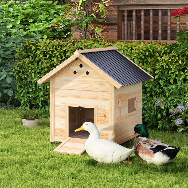 HKM-0883645 Wooden Duck House with Openable Roof, Double Doors & Natural Wood Finish