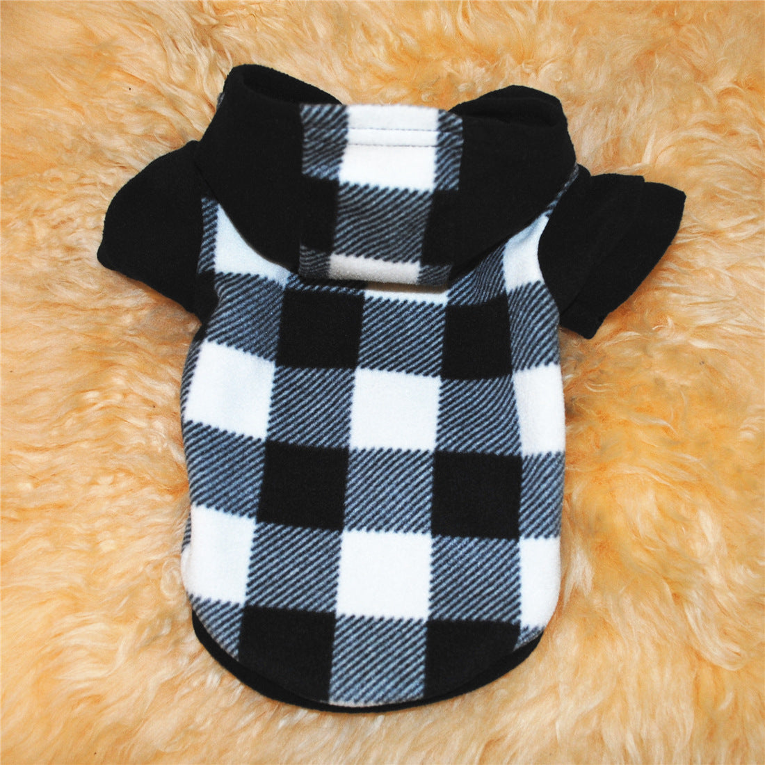 HKM-0885053 Cozy Fleece Winter Dog Sweater with Hood in Black and White Grid Pattern