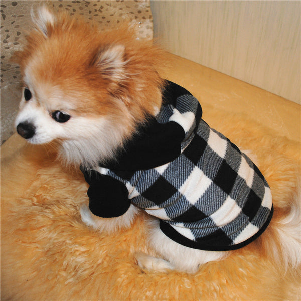 HKM-0885053 Cozy Fleece Winter Dog Sweater with Hood in Black and White Grid Pattern