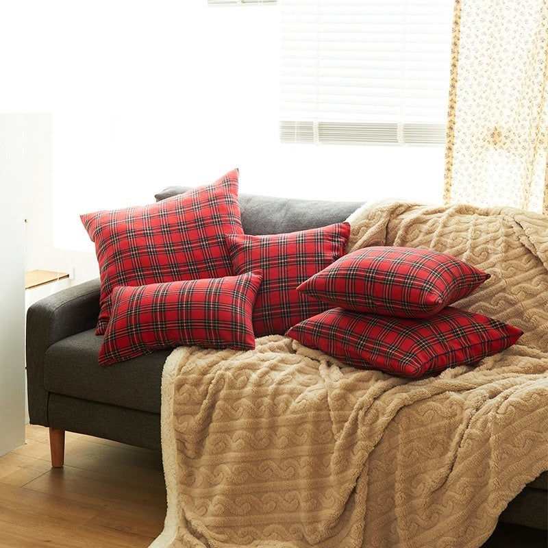 HKM-088851 Christmas Red and Green Checkered Polyester Cotton Pillowcase Cover - Multiple Sizes Available