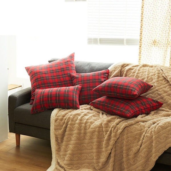 HKM-088851 Christmas Red and Green Checkered Polyester Cotton Pillowcase Cover - Multiple Sizes Available