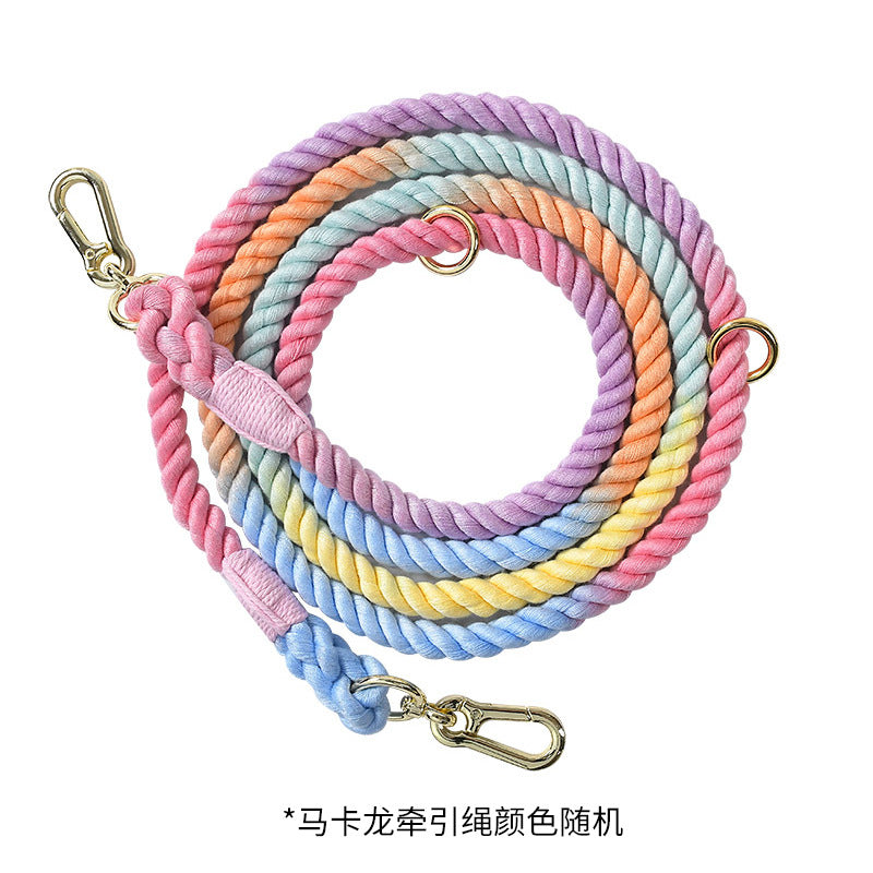 HKM-0889533 Woven Rainbow Multi-functional Dog Leash with Hand Holding Rope and Double Head Design