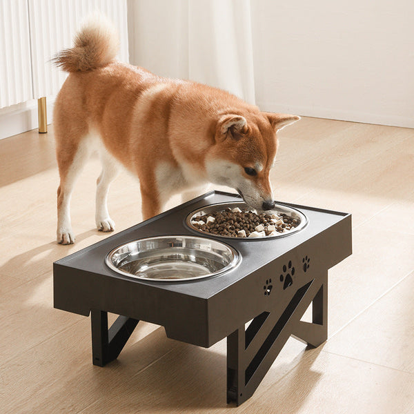 HKM-0891709 Adjustable Height Foldable Dog Drinking Bowl with Stainless Steel Slow Feeding Double Bowl