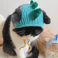 HKM-0893117 Knitted Dinosaur Pet Hat for Cats - Available in Blue, Green, Purple, and Yellow