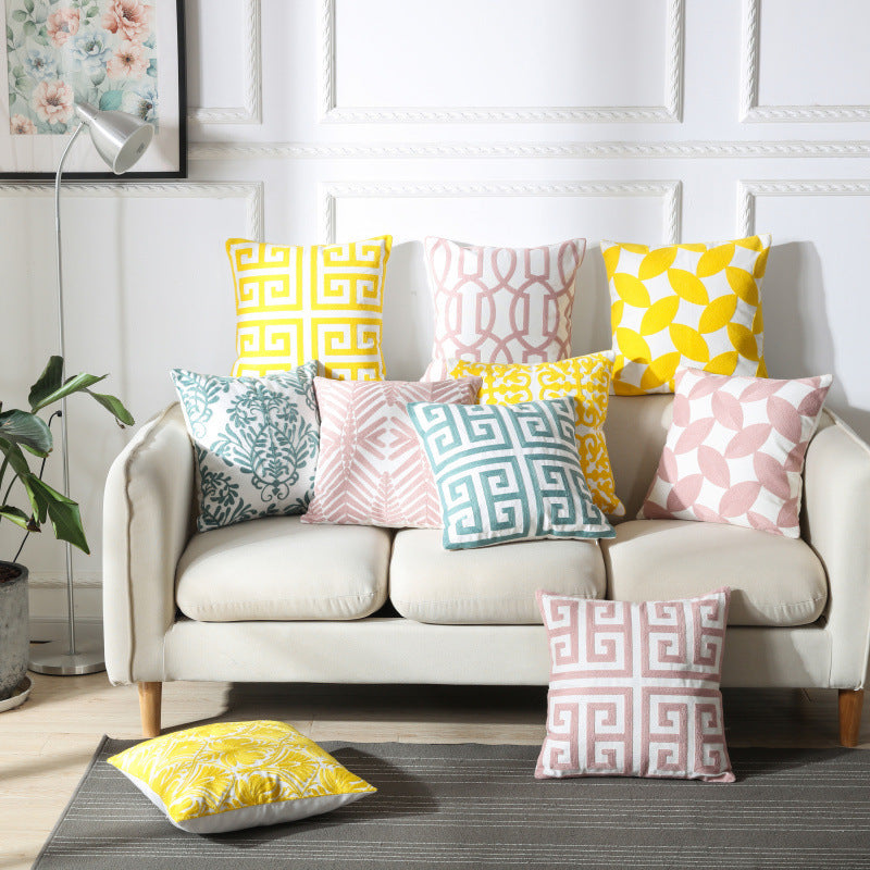 HKM-089491 Geometric Embroidery Cushion - Modern Design Cotton Throw Pillow 45x45cm