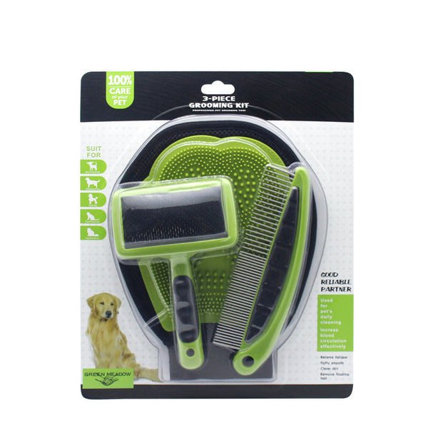 HKM-0897085 Pet Grooming Set with Rake Comb, Needle Comb, and Bath Gloves for Floating Hair Removal