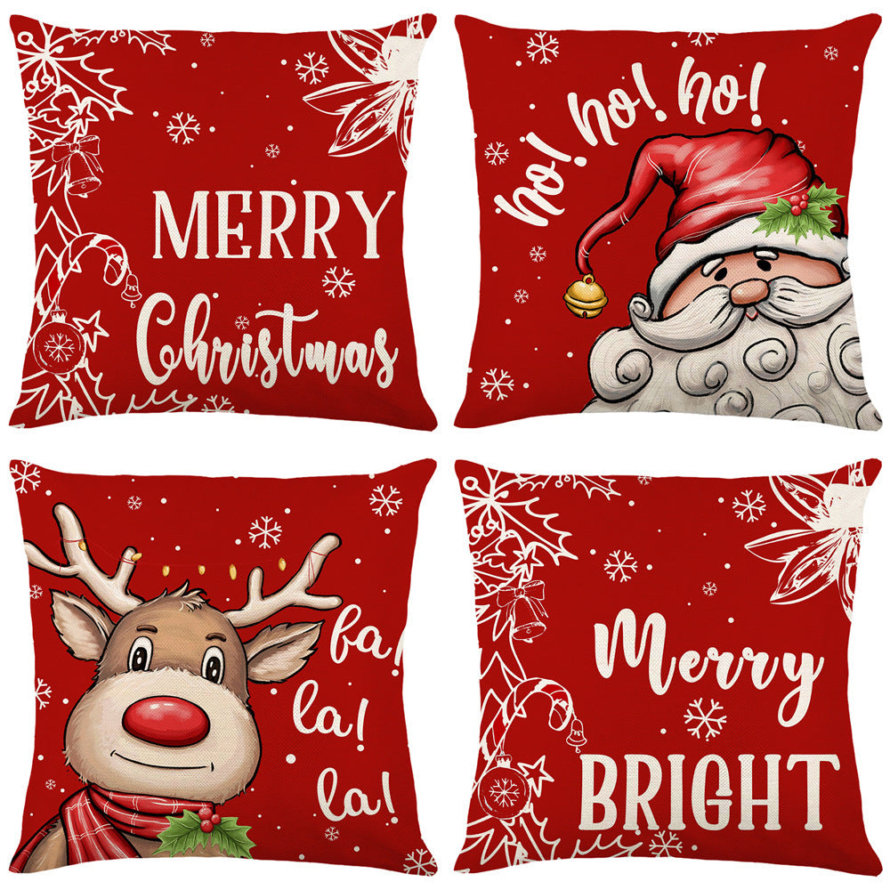 HKM-089875 Nordic Style Christmas Elk and Santa Claus Linen Cushion Cover - 45x45cm