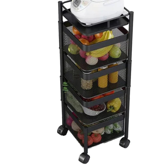 HKM-089939 Adjustable 2-5 Layer Kitchen Storage Trolley with Wheels and Square Metal Shelves