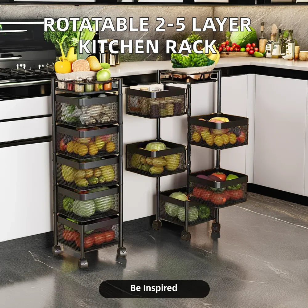 HKM-089939 Adjustable 2-5 Layer Kitchen Storage Trolley with Wheels and Square Metal Shelves