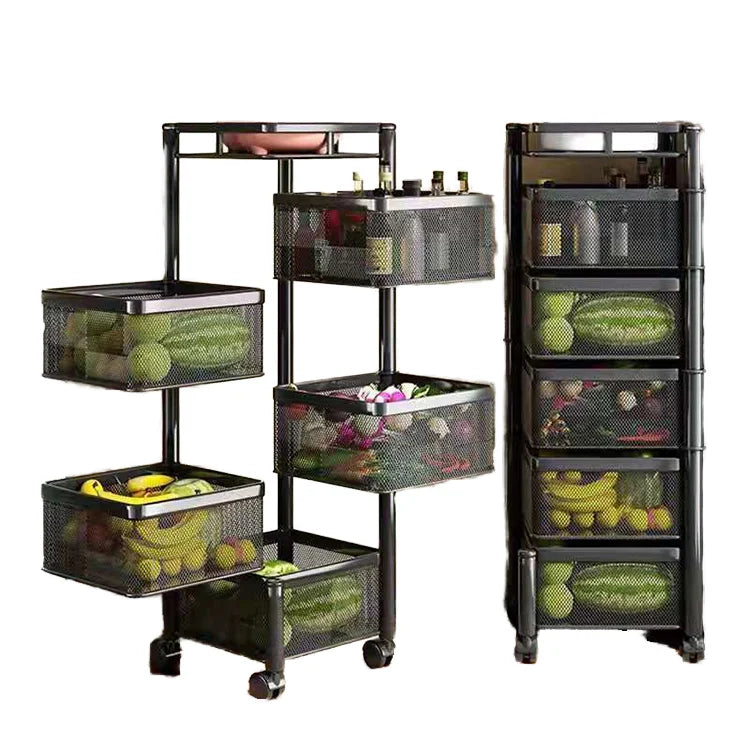 HKM-089939 Adjustable 2-5 Layer Kitchen Storage Trolley with Wheels and Square Metal Shelves