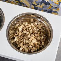 HKM-0901437 Small Elevated Dog Feeding Station with Wooden Frame and Stainless Steel Bowls, Ideal for Miniature Pets