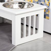 HKM-0901437 Small Elevated Dog Feeding Station with Wooden Frame and Stainless Steel Bowls, Ideal for Miniature Pets