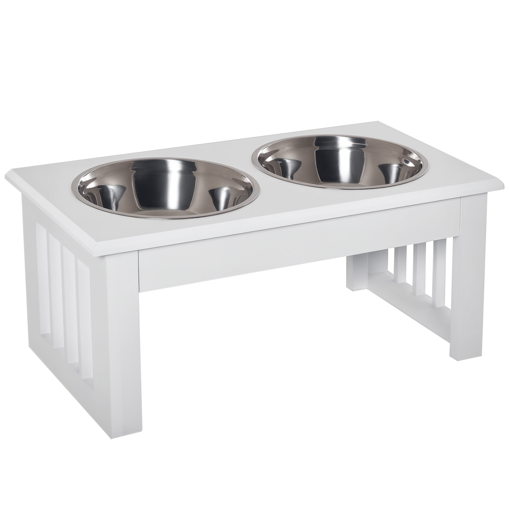 HKM-0901437 Small Elevated Dog Feeding Station with Wooden Frame and Stainless Steel Bowls, Ideal for Miniature Pets