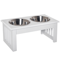 HKM-0901437 Small Elevated Dog Feeding Station with Wooden Frame and Stainless Steel Bowls, Ideal for Miniature Pets