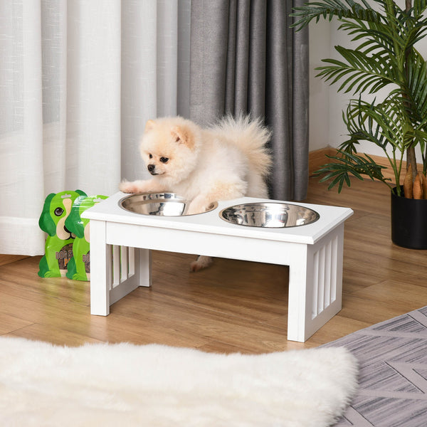 HKM-0901437 Small Elevated Dog Feeding Station with Wooden Frame and Stainless Steel Bowls, Ideal for Miniature Pets