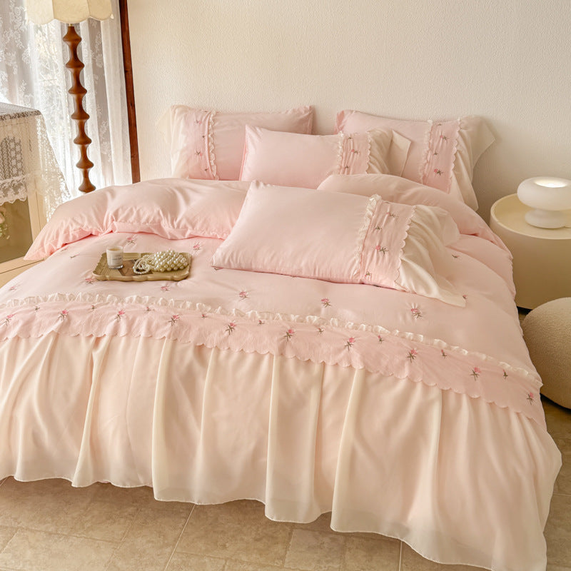 HKM-090195 Washed Cotton Lace Embroidered Four-Piece Bedding Set in Multiple Sizes