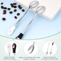 HKM-0904509 Stainless Steel Dog & Cat Food Spoons with Long Handle - 2 Pack in White & Black with Cute Paw Print Design